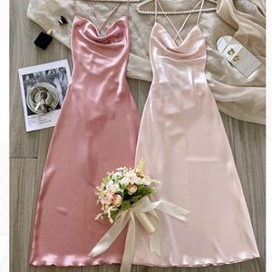 New 2pcs Lace Up Backless Satin Sleep Dress pink and light pink